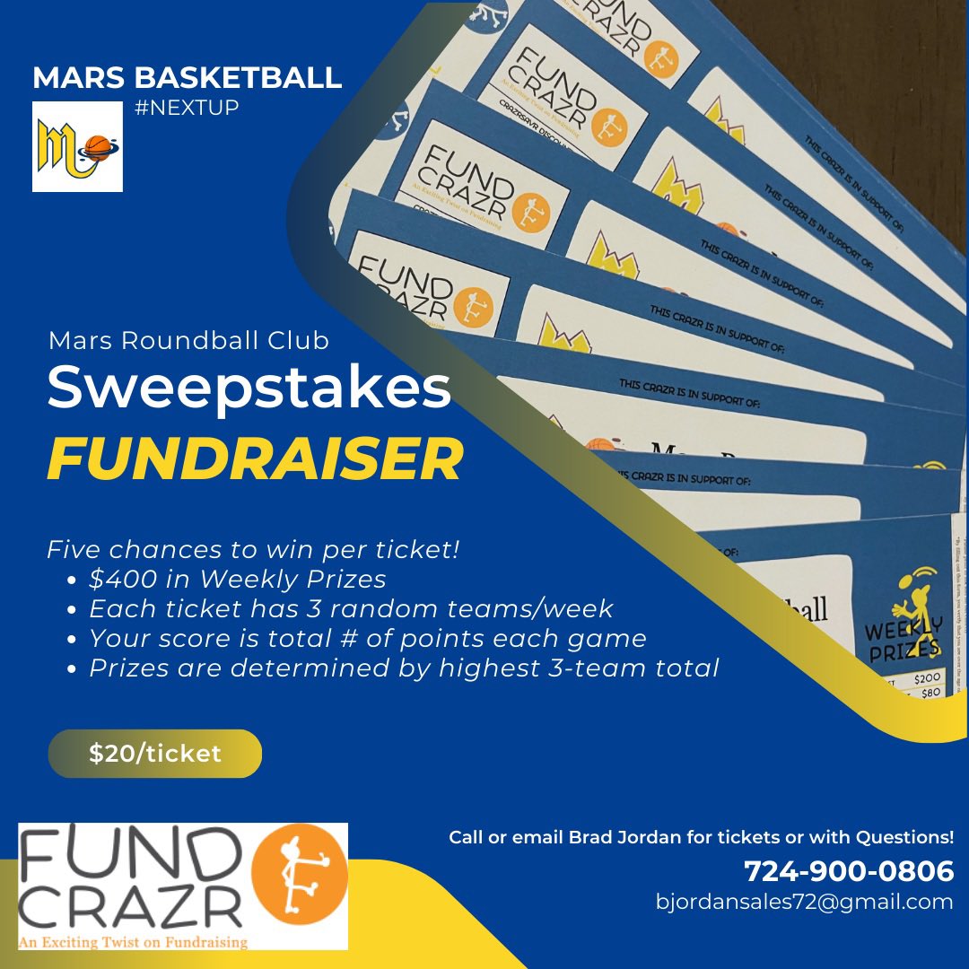 MarsHS_Hoops's tweet photo. Mars Roundball Club still has tickets left!  $20 Each.  Great way to support Mars Basketball and get a chance to win cash prizes this NFL Season!!

To get tickets please contact Brad Jordan at 724.900.0806 or bjordansales72@gmail.com for details! https://t.co/JhDLJvpGkT