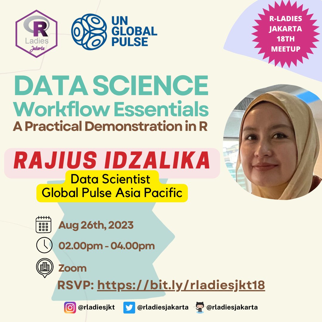 📊 Join us for an insightful session on "Data Science Workflow Essentials in R" with <a href="/Idzalika/">Rajius Idzalika</a> from <a href="/UNGlobalPulseAP/">United Nations Global Pulse Asia Pacific</a> 🚀📊

🗓️ Save the date: August 26, 2023. RSVP now to secure your spot: (bit.ly/rladiesjkt18) 🌐📈

#rladiesjkt #DataScience #RProgramming #RStats