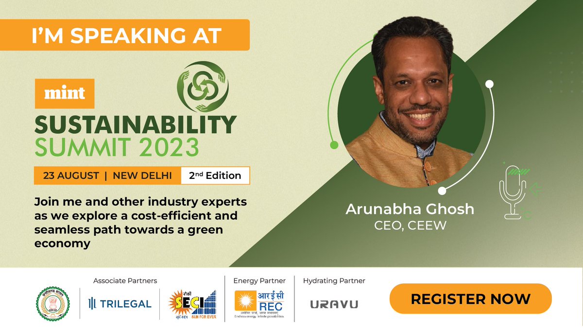 #HappeningToday 

<a href="/GhoshArunabha/">Arunabha Ghosh</a> will speak at the session, India's New Sustainability Playbook, moderated by <a href="/Goutam20/">Goutam Das</a>, at the #MintSustainabilitySummit.

🕝2:30 pm

Register now for more details👇
events.livemint.com/event/mint-sus…

<a href="/livemint/">Mint</a>