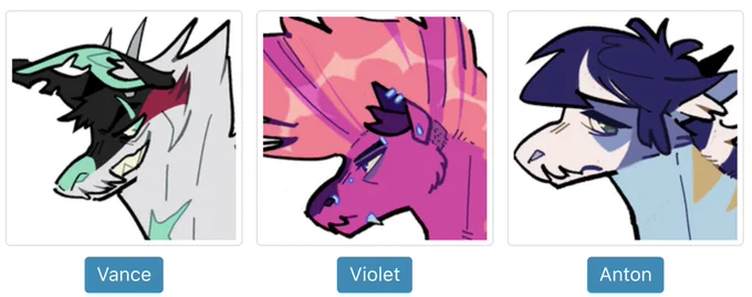 anton, vance, and violet all have their reference sheets done! they are the little play pretend dolls that live in my brain and they look sooooooo pretty together and i mash them together and make them kiss and stuff 