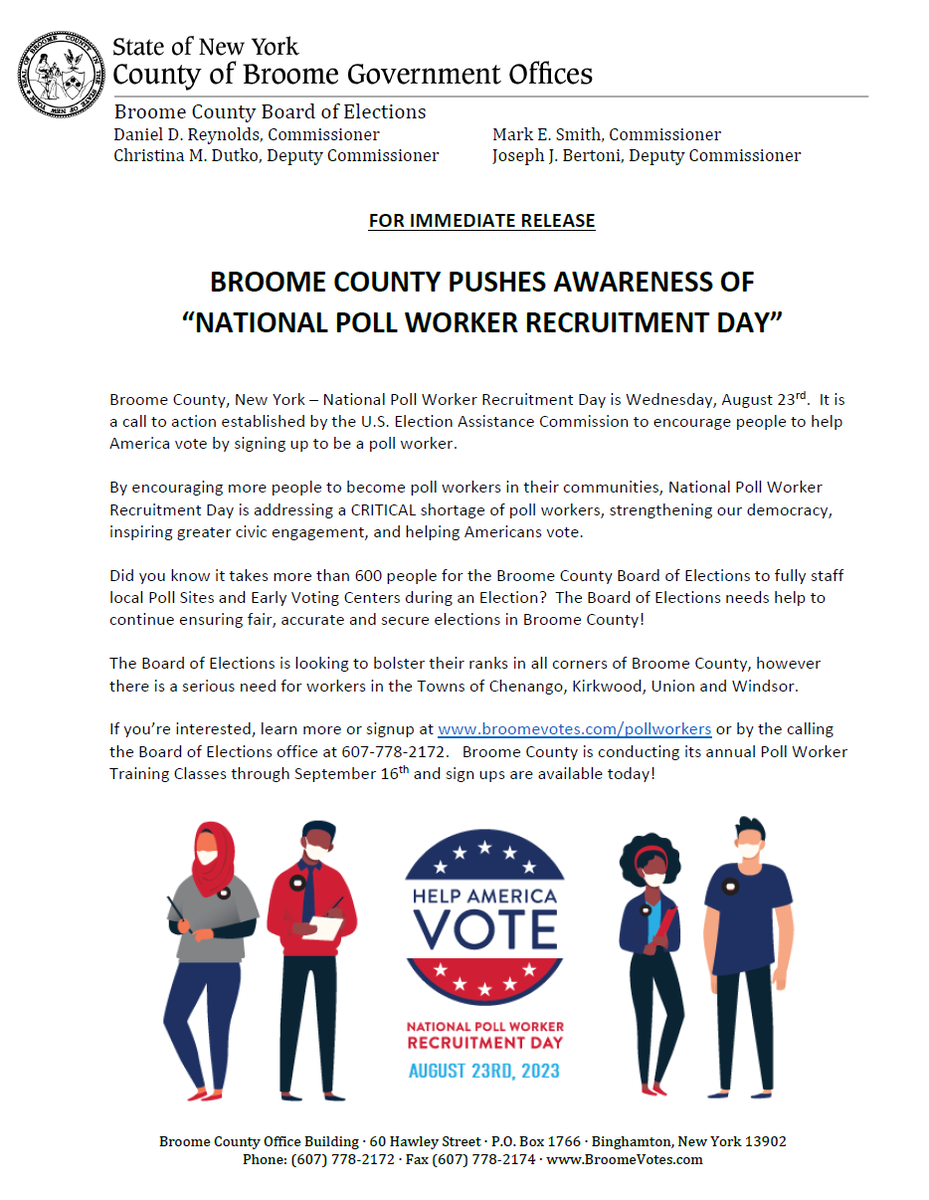BroomeVotes's tweet photo. National Poll Worker Recruitment Day is Wednesday, August 23rd, a day of action meant to encourage registered and pre-registered voters to become Election Workers! https://t.co/vdaiYZg4tK