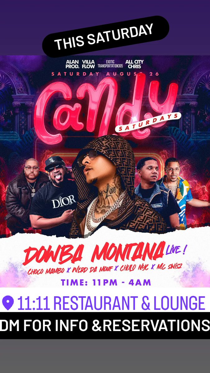 LokiLlo_R1's tweet photo. LOKILLO ENTERTAINMENT'S⠀
CANDY SATURDAY'S 
PERFORMANCE BY:
DOWBA MONTANA 

#saturday #saturdaynight #worldstar
#night #club #lounge #hookah #party #partying #bestialounge #nynights #nyc #ny #nynightlife  #birthdayparty #celebration #birthday #nights #opus #drinks #dowbamontana https://t.co/biPmXfwXmC