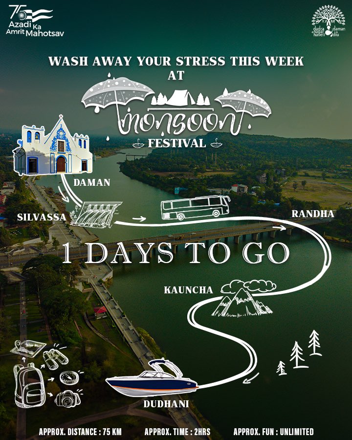 dnhddtourism's tweet photo. Just 1 days until the Monsoon Festival! Prepare to discover the enchantment of Dadra and Nagar Haveli in a whole new way. Get ready to explore!
#monsoonfestival #monsoon #festival #vapi #dudhani #fun #1daystogo #explorednhdd #dnhddtourism #DNHDDMONSOONFESTIVAL2023 https://t.co/zc7CjrJGoE