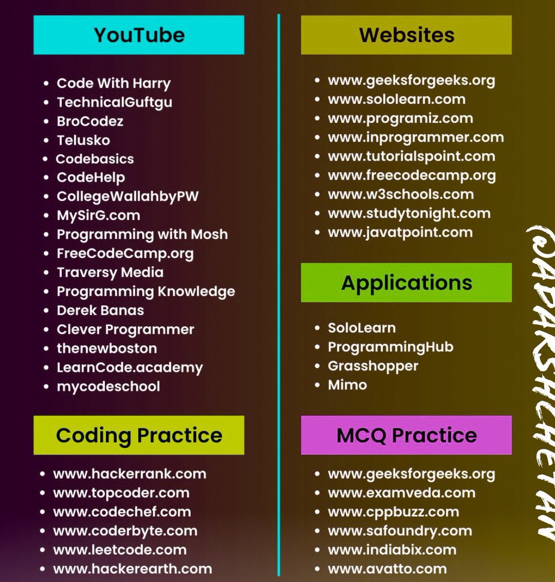 AdarshChetan's tweet photo. Top YouTube Channels &amp; Websites to Learn WEB-DEV, Cyber Security, AI/ML,DS &amp; Algo,Blockchain, App development , DevOps 

A Thread 🧵 https://t.co/KeJigfog4h