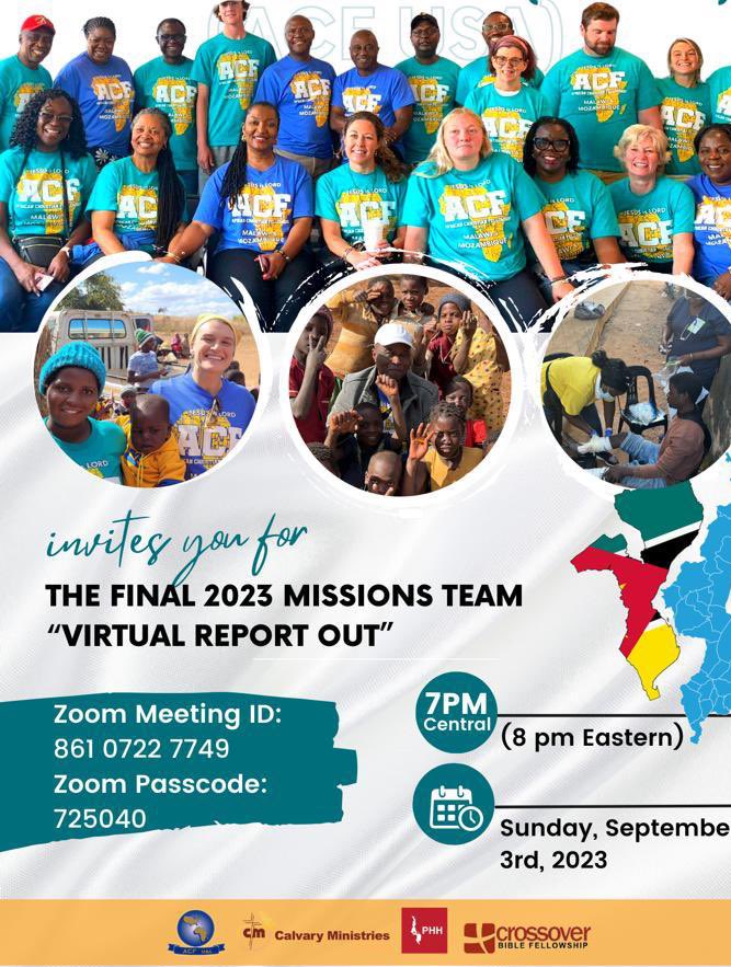 janbchinn's tweet photo. Please join the 2023 ACF USA Midwest &amp; Crossover Bible Fellowship  Malawi &amp; Mozambique Team on ZOOM - Sunday September 3rd 2023 at 7pm Central Time to hear the report on the experiences of the two weeks we spent across Southern Malawi and Northern Mozambique.

@crossoverbf https://t.co/fUlV6F2cdA