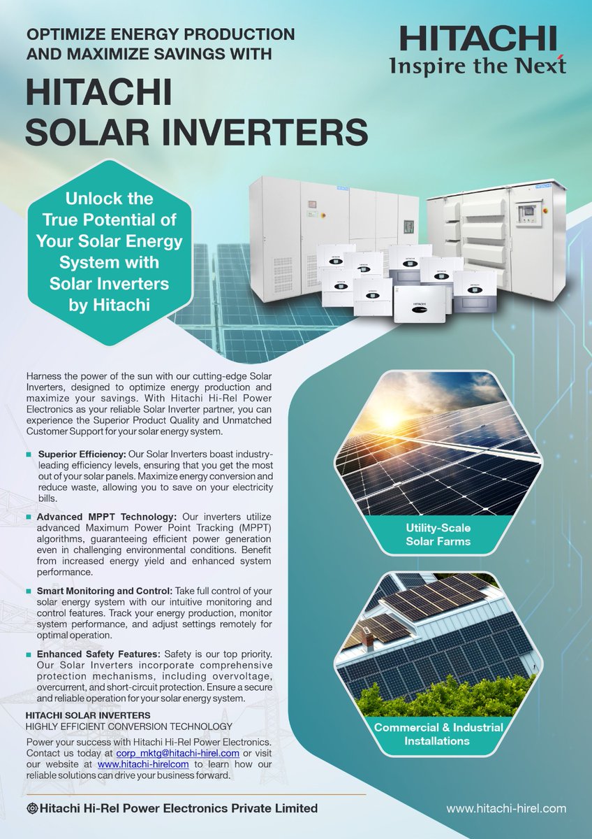 hitachihirel's tweet photo. Hitachi Solar Central and String Inverters with Highly Efficient Conversion Technology

#HitachiHiRelPowerElectronics #HitachiHiRel #Hitachi #renewable #solarpower #renewableenergy #Solar #SolarInverter   #GridTiedSolarInverters #SolarCentralInverter #SolarStringInverter https://t.co/fKgfX8uQlk