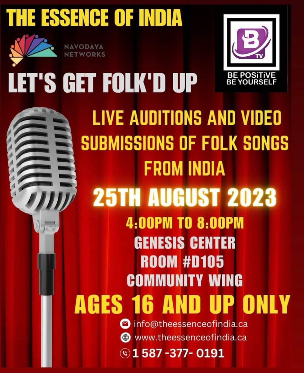 ArtsCultureNGF's tweet photo. Live Auditions and video submissions for Folk Songs Contest ✌😍
25th august 2023
4:00pm to 8:00pm
@_GenesisCentre
Room #D105
Community Wing
Ages 16 and up only
#EssenceOfIndia #NGF #YYC
#folkmusic #folk #music #musician #livemusic #guitar #countrymusic #singer #newmusic https://t.co/uuf8lr1CXU