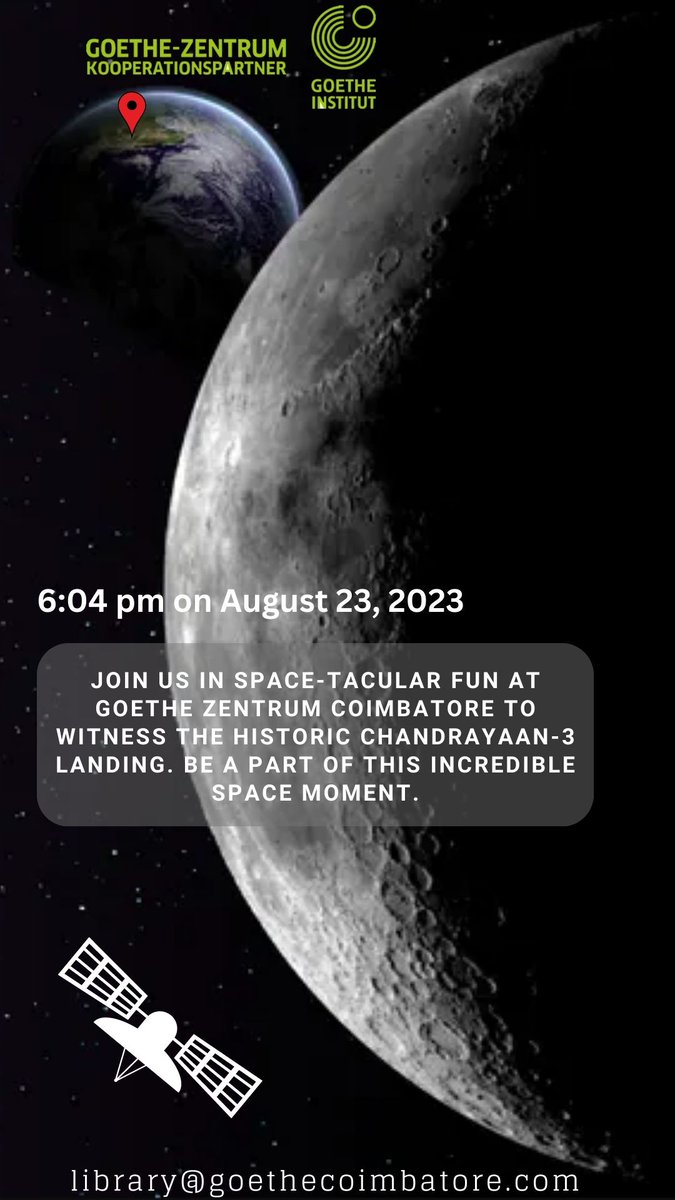 GoetheZentrum's tweet photo. Ready to Relive History?

Join us in Uncovering the Spectacular Moments of Moon Landing!

🚀 🌜

.

.

.

.

.

#goetheinstitut, #goethezentrum, #goethezentrumcoimbatore, #learngermanincoimbatore, #learngermanintamilnadu, #learngermaninkerala, #learngermaninkochi, #moonlanding https://t.co/MUkgoYr803