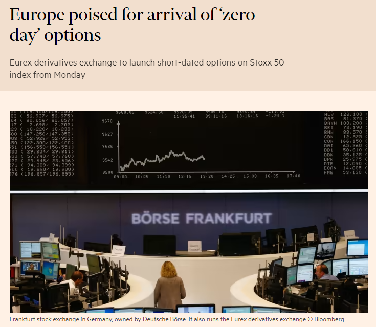 Barchart's tweet photo. Just In:  0DTE (zero days to expiration) options will launch in Europe on the Eurex exchange beginning on Monday