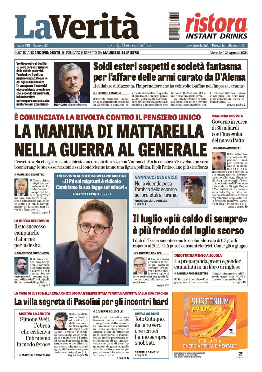 LaVeritaWeb's tweet photo. #LaVeritàdioggi
La manina di Mattarella nella guerra al generale
🗞️Il luglio «più caldo di sempre» è più freddo del luglio scorso
➡️ https://t.co/ywWcjUyacQ https://t.co/I2CHOBueJJ