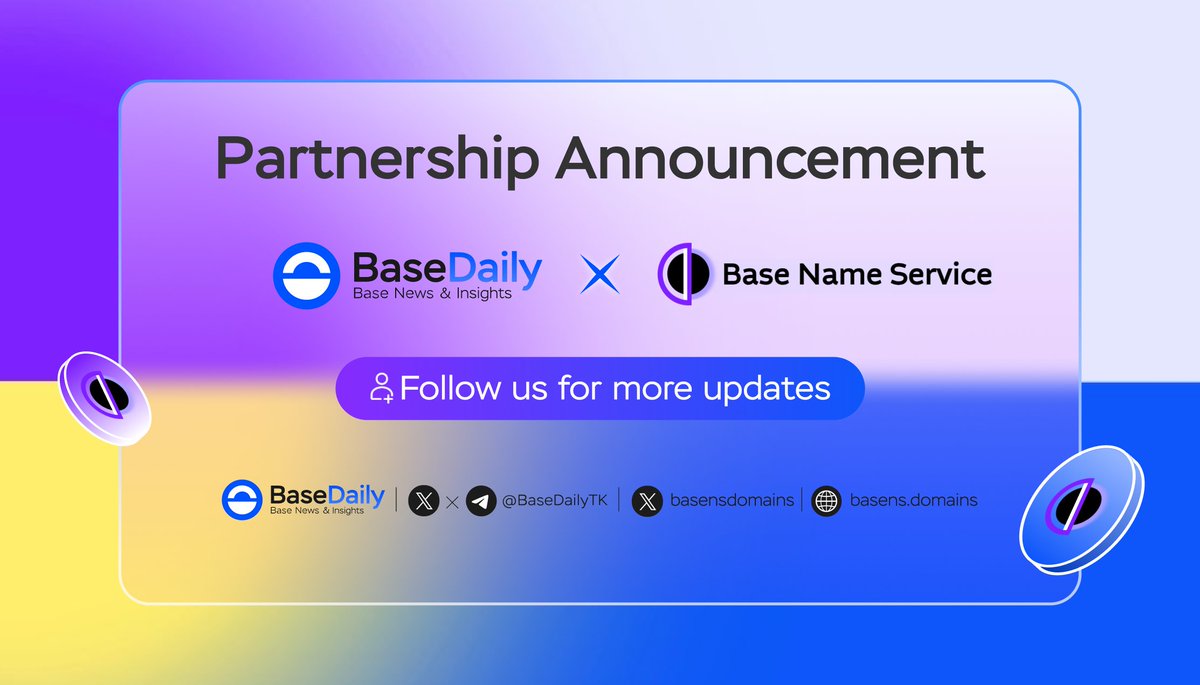 BaseDailyTK's tweet photo. 🎉 PARTNERSHIP ANNOUNCEMENT: @BaseDailyTK 🤝 @basensdomains 🚀

🌟 #BaseNS is the 1st DID and setting new trends in Web3 identity ownership on the @BuildOnBase Mainnet 🛡️ 

✅ Stay tuned for more updates! Exciting times ahead 🔥 https://t.co/Shztq5sJD5