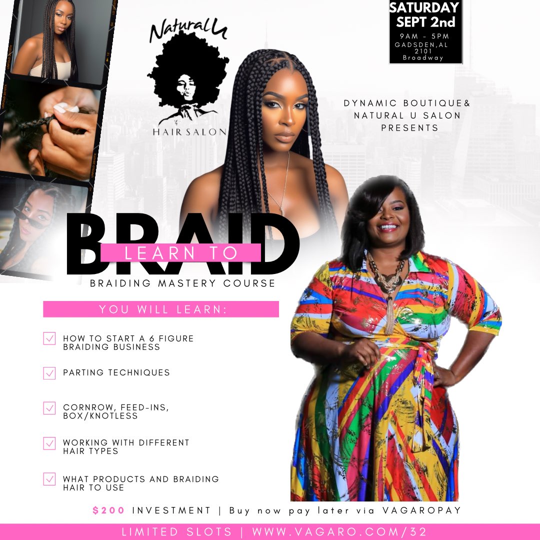 NaturalUSalon's tweet image. Gadsden, AL see you September 2nd Book your Spot:  vagaro.com/cl/yn3dpkTsDPV… #braidingclass #learntobraid #braids #braid