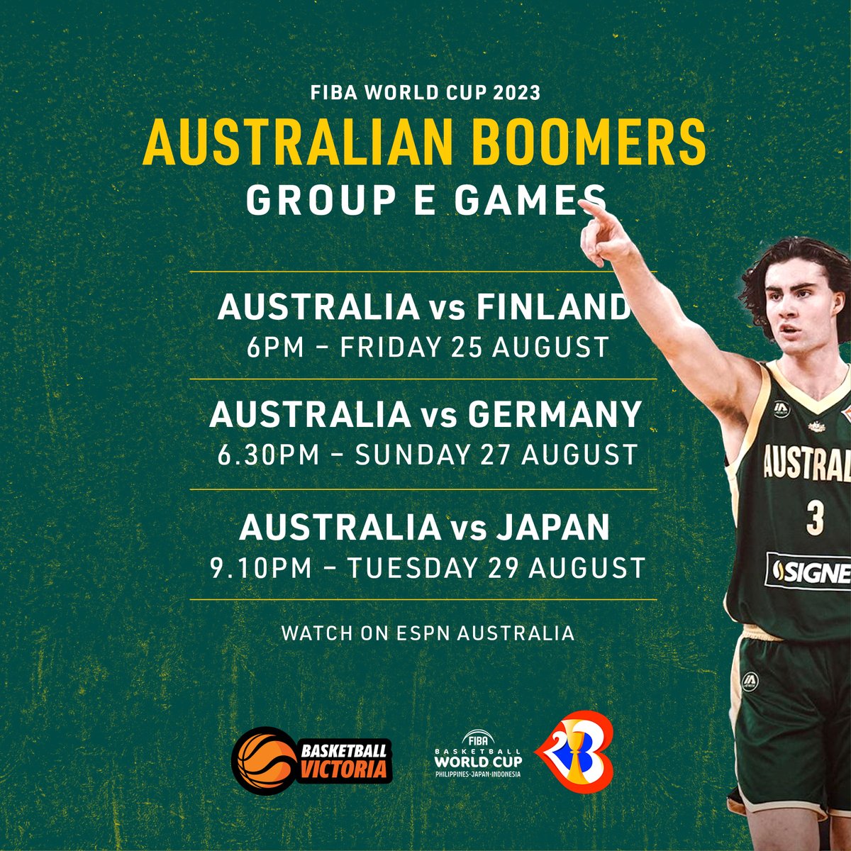 The final Boomers squad has been announced! Good luck to our Victorian Boomers playing in the men's @FIBAWC  Josh Giddey Jack White Dante Exum Dyson Daniels Tune into @espn  to watch Boomers! For more information about the Men's World Cup! brnw.ch/21wBTHk