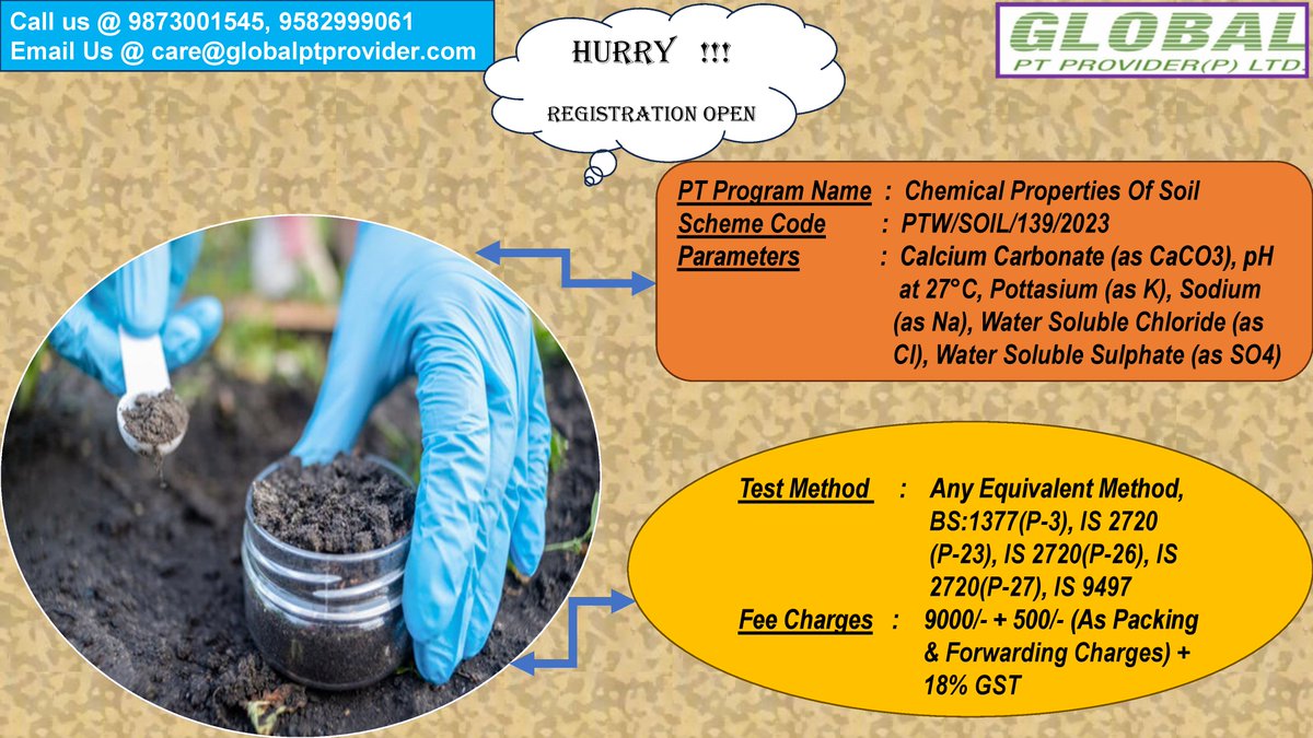 pt_limited's tweet image. #globalptprovider #proficiencytesting #ptprograms #chemicalproperties #soil #schemecode #parameters #calciumcarbonate #pottasium #watersolublechloride #sodium #watersolublesulphate #testmethod #registrationopen #hurryup