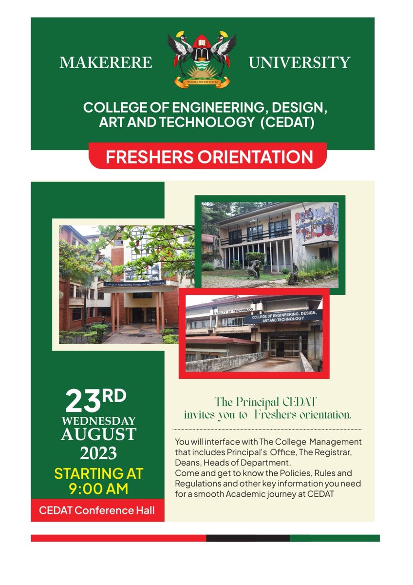 muksurveyors's tweet image. Hey Freshers! Your adventure at @MakCEDAT ,begins today. Orientation day is here at CEDAT conference hall today . Come, be a part of the beginning of something wonderful. Can&apos;t wait to meet you all! 🌟 #NewJourney . let&apos;s  make memories! 📖 
#FirstDayFeels #Freshers2023&quot;