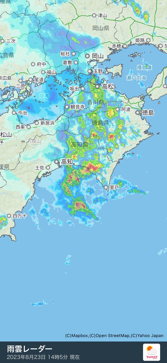 「四国にだいぶ降ってるのね  #ヤフー天気 #雨雲レーダー 」|左のイラスト