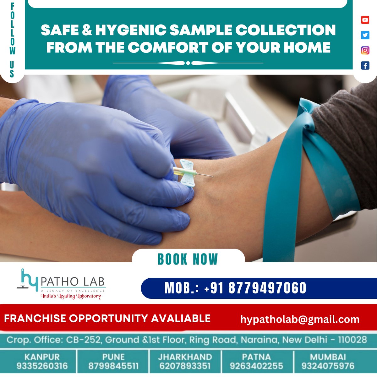 hy_patho's tweet photo. Home Sample Collection Service. Hassle Free Blood Sample Collection at your Home, Office and Clinic, Facility 24*7 available for our patients.
:
You can call us anytime to book your health checkups. And even for the sample collection.
:
#hypatholabpatna #hypatholab #pathology https://t.co/LzG3oHFWxv