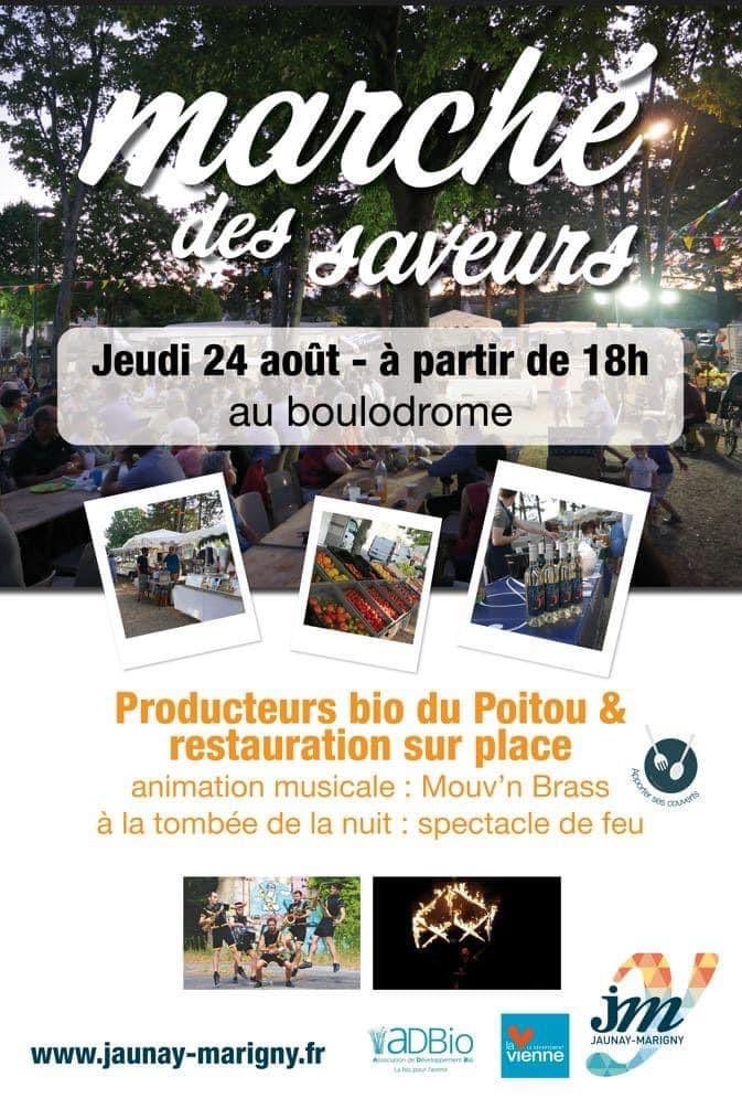 🍎🍢🥩🧀🍺🍷
Le marché des saveurs bio revient ce jeudi soir, à l’ombre de la pinède du boulodrome, au son de Mouv'N'Brass.
Et cette année, en clôture, un show signé Compagnie CHK1 - Officiel.
Venez nombreux ! 
⬇️⬇️
jaunay-marigny.fr/actualite/marc…