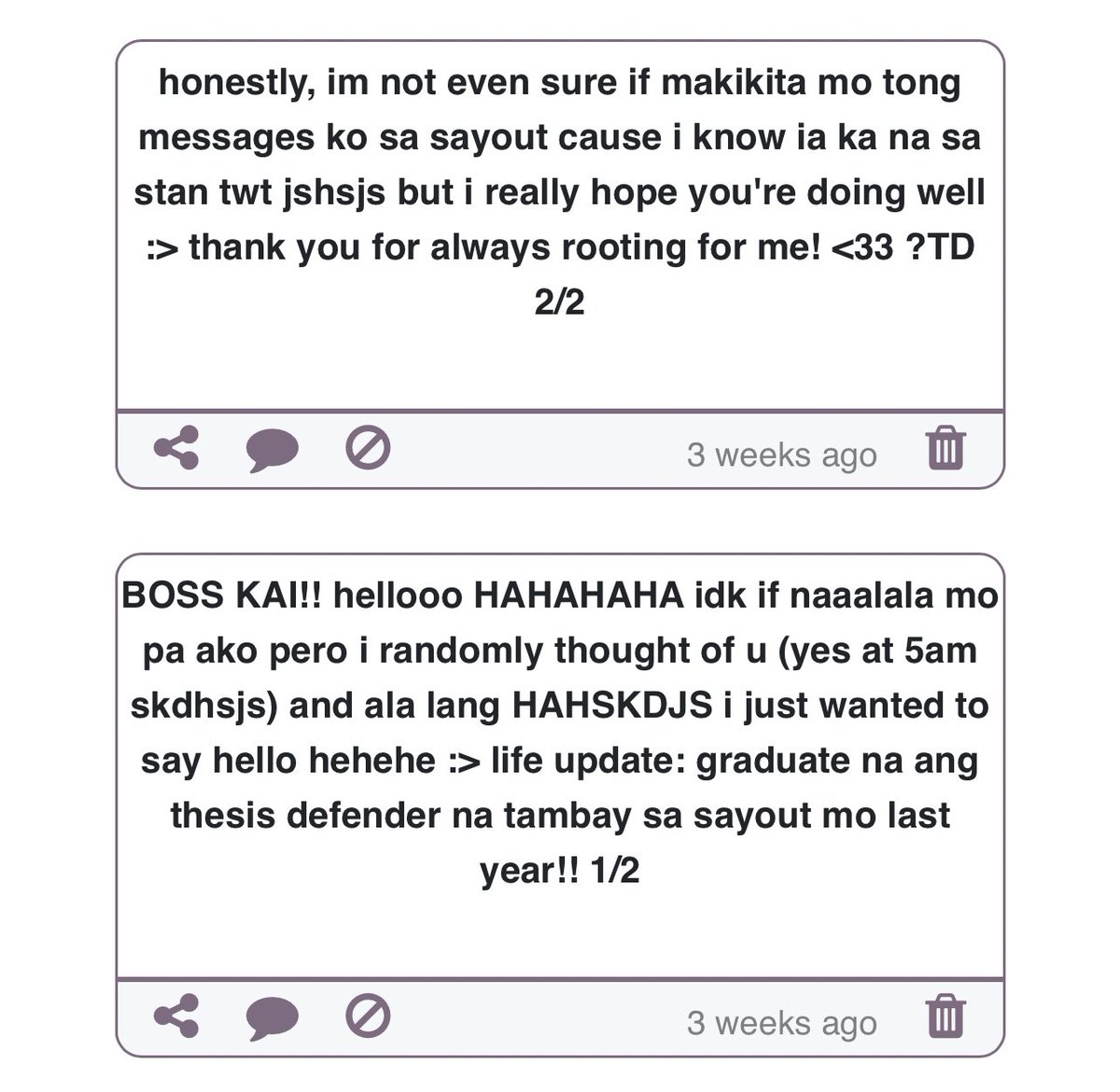 intoryjn's tweet photo. i was about to ask if uso pa sayout ngayon, but i checked my sayout first, and i saw this. 😭 i was really hoping that i could hear from you, TD. congratulations on finishing your undergrad! so so proud of you, https://t.co/9bRm9PNxyp