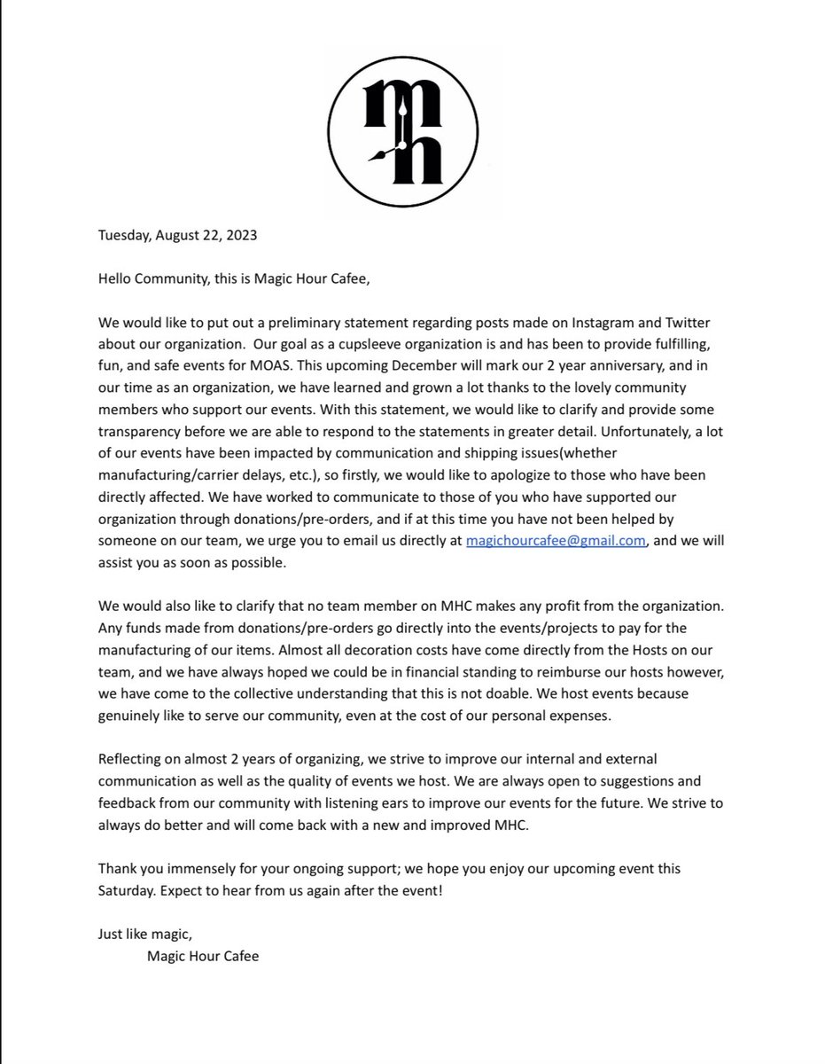 To our MOA Community