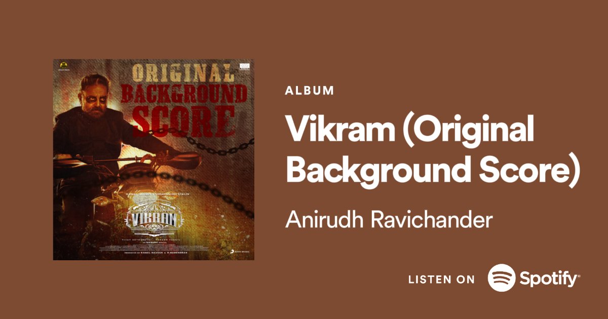 Vikram (Original Background Score) album surpass 185M streams on Spotify!

It's the most streamed background score in Spotify history!

#Anirudh #AnirudhRavichander #KamalHaasan #Vikram #LCU #LEO #LeoFilm #OnceUponATimeTour #EagleIsComing