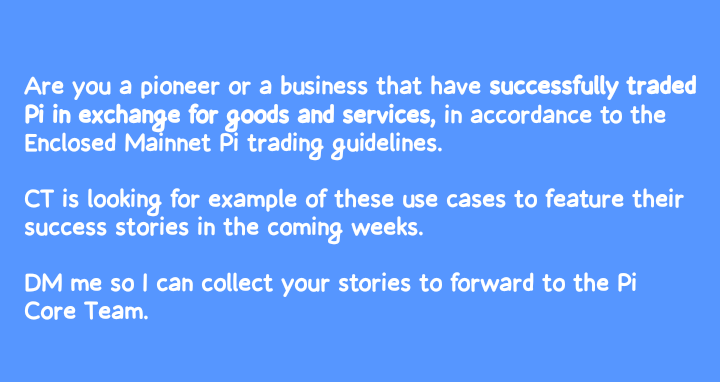 iloveparadise_'s tweet photo. Have you successfully traded Pi in exchange for goods and services, in accordance to the Enclosed Mainnet Pi trading guidelines.

CT is looking for example of these use cases to feature their success stories in the coming weeks. 

DM me your stories to forward to the Core Team. https://t.co/601dIK4zwO