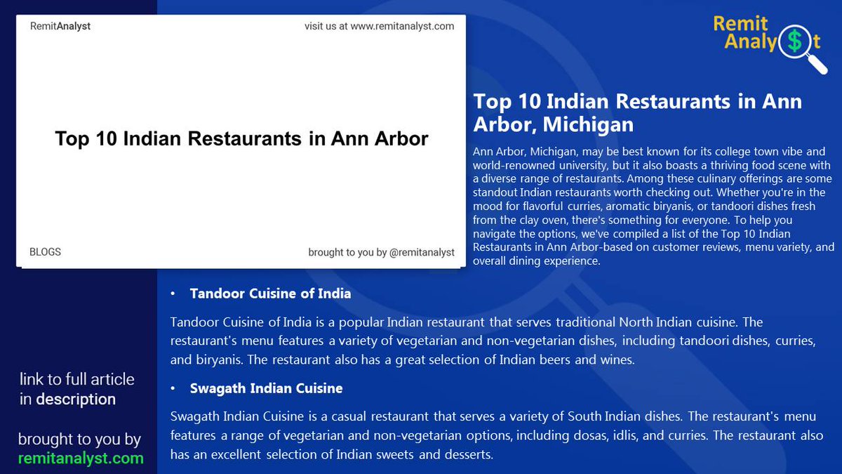 Top 10 Indian Restaurants in Ann Arbor, Michigan : While Ann Arbor, Michigan, is often celebrated for its vibrant college town atmosphere and its prestigious university.
Read More : remitanalyst.com/blogs/79-top-1…
#AnnArborEats #IndianCuisineDelights #FlavorfulFeasts