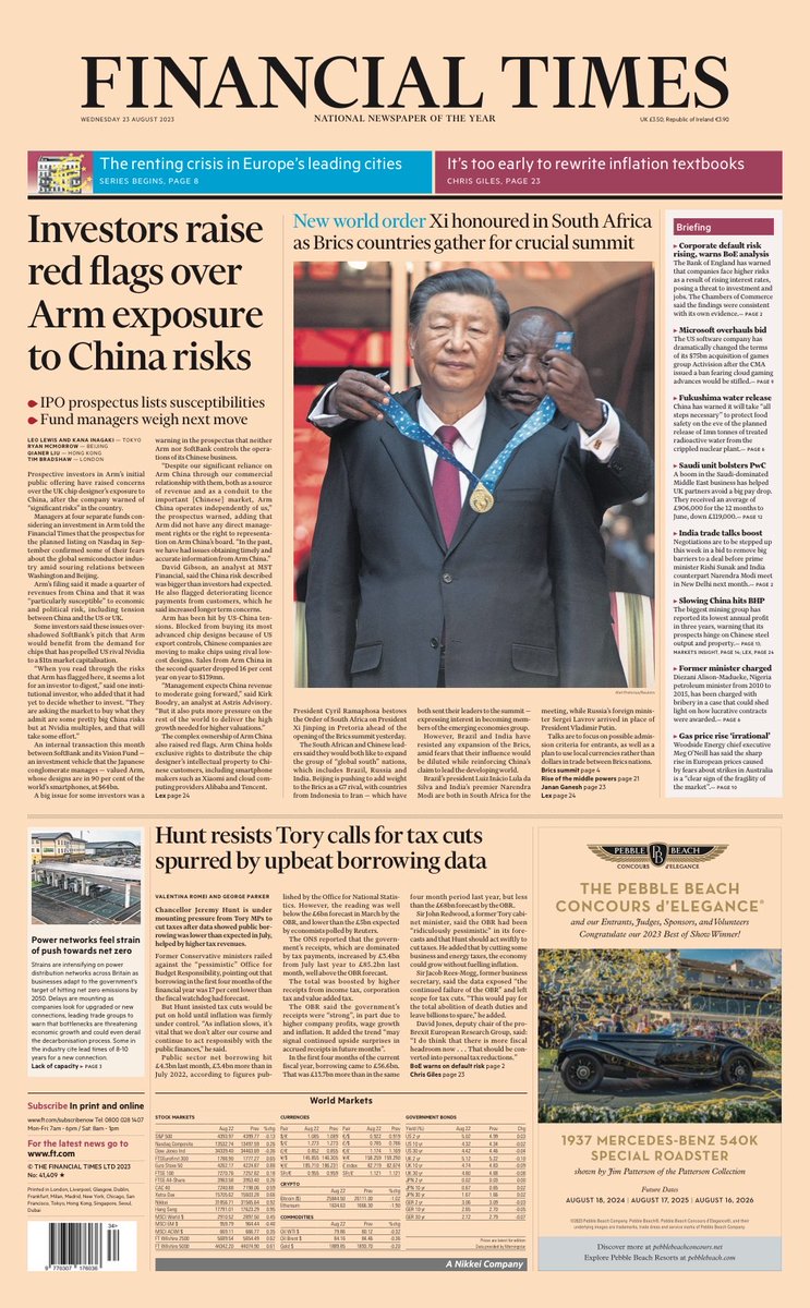 Wednesday's FT: Investors raise red flags over Arm exposure to China risks #TomorrowsPapersToday #FinancialTimes #FT