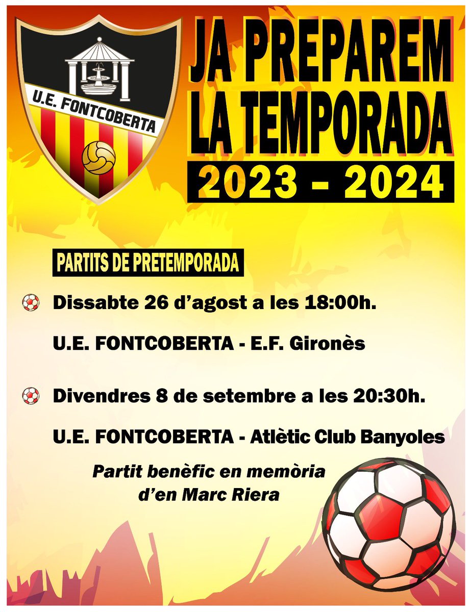 uefontcoberta's tweet photo. AGENDA DE PRETEMPORADA

Anoteu-vos bé les dates! Aquest dissabte tenim partit a casa contra el Sabat en el primer test de pretemporada.

I… després de la COPA DEL PLA DE L’ESTANY jugarem divendres contra l’ @atletic_club 

Us esperem a tots!! https://t.co/b37FgsNx3c