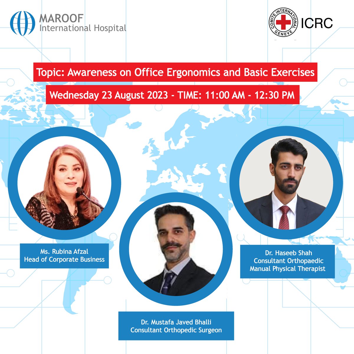 MaroofInt's tweet photo. Consultants from Maroof International Hospital will be present at ICRC to promote awareness about Office Ergonomics &amp; Fundamental Exercises.
.
.
.
.
.
#maroofinternationalhospital #maroofhospital #icrc #orthopaedic #physicaltherapist #physiotherapy #consultantorthopaedicsurgeon https://t.co/2wmJYx068m