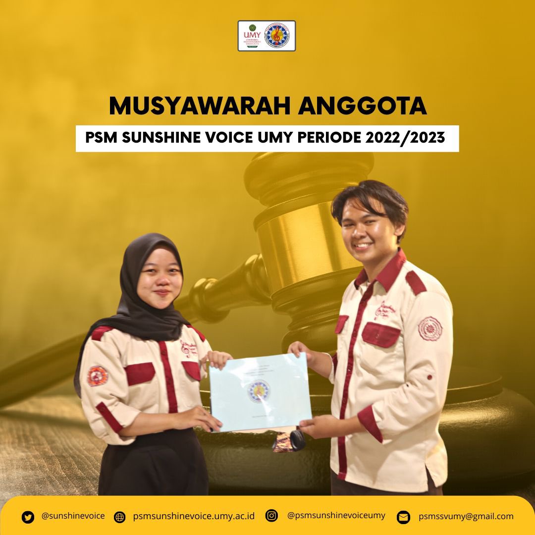 [[INFO SUNSHINE]]

Sabtu-Minggu (19-20/08) PSM SSV UMY melaksanakan kegiatan Musyawarah Anggota (MUSYANG) sekaligus pemilihan Ketua Sunshine Voice periode selanjutnya. 
Yang dilaksanakan secara Offline di Ruang Sidang Student Center dan SD Muhammadiyah Ambarketawang 2.