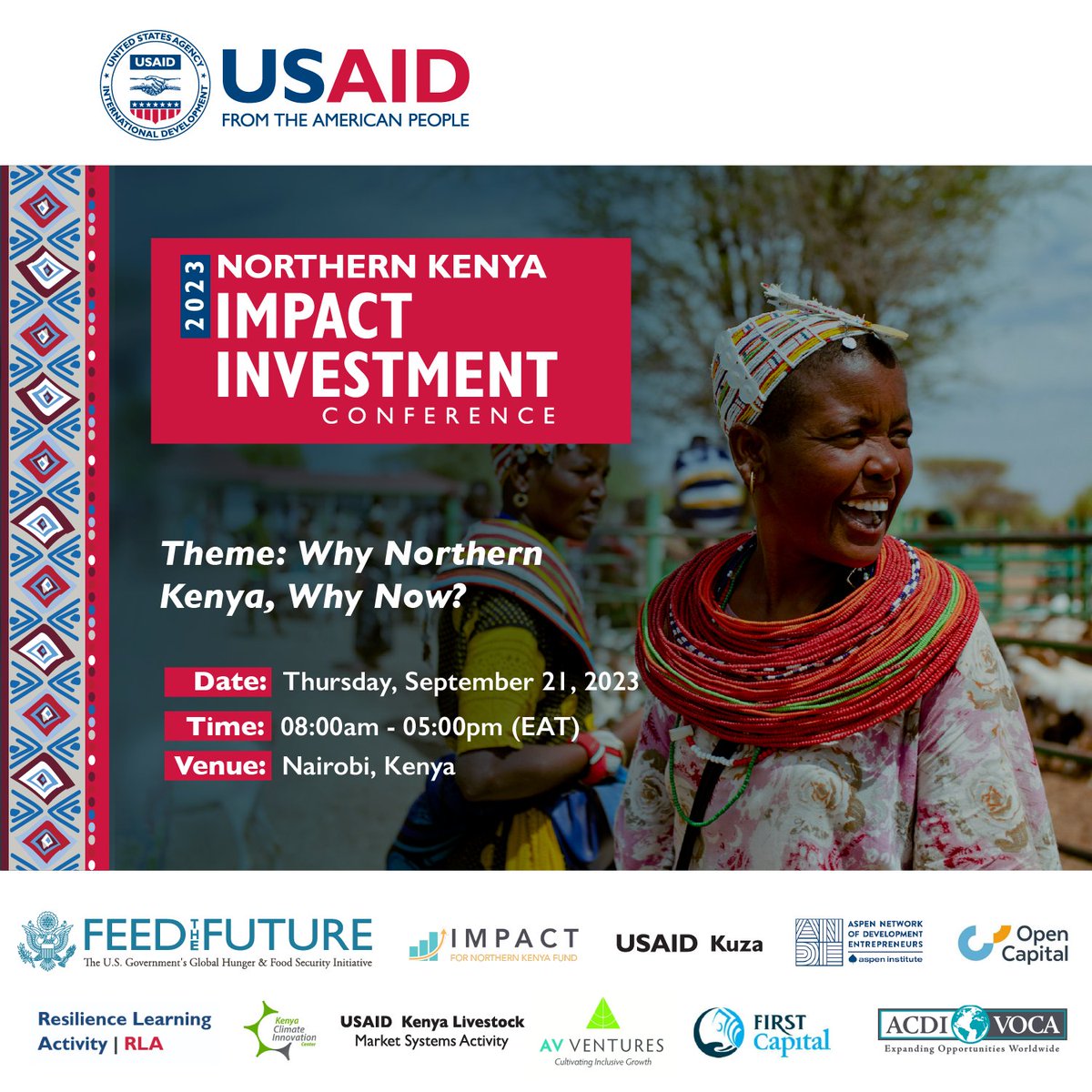 Why Northern Kenya, Why Now?
We are happy to announce the second Northern Kenya Impact Investment Conference to be held in Nairobi on September 21st, 2023.
Register now: bit.ly/USAIDKuza
Stay tuned for more information.
<a href="/USAIDKenya/">USAID Kenya</a> <a href="/lmskenya/">Kenya Livestock Market Systems Activity</a> <a href="/ResilienceLear2/">Resilience Learning Activity</a> <a href="/SRCTechKe/">Smart Regional Consultants</a>