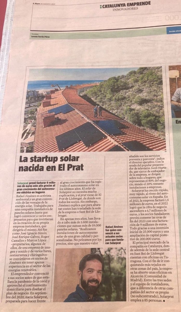 solarprat's tweet photo. ¡Buenos (y calurosos... 🥵) días! ☀️

#solarprat en el periódico LaVanguardia 🔝 !!

Seguimos creciendo 💪💪!

#fotovoltaica #renovables #energiasolar #crecimientoempresarial https://t.co/jXbhTM6fSk