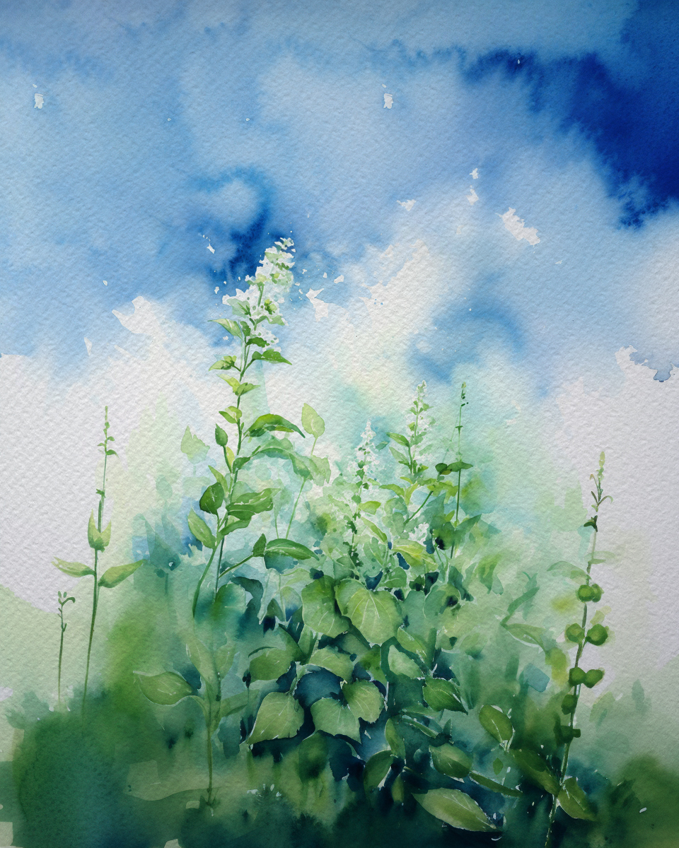 More basil but this time bringing out the sky while letting the pigment settle in the paper's texture. #sketchbook #basil #ocimum #watercolour