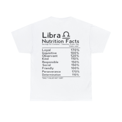 New Zodiac White Tshirts available with Star sign Nutritional facts printed on the back tinyurl.com/2dyf3rx2 #ZodiacSigns #zodiacfacts #starsign #Libra #Aries #Capricorn