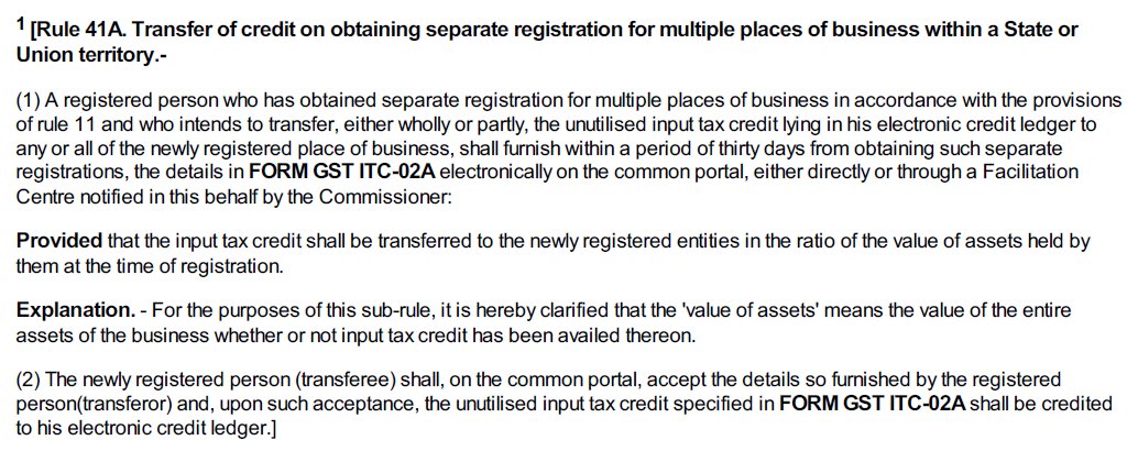 AbhasHalakhandi's tweet photo. Transfer of ITC to Seperate Registration obtained on same PAN within same State!

ITC can be transfered from existing GSTIN to the Newly registered GSTIN (same PAN), in the ratio of value of Assets, within 30 days of obatining registration via ITC-02A 
-Rule 41A 👇

#GSTtrivia https://t.co/yzbHctEDtl
