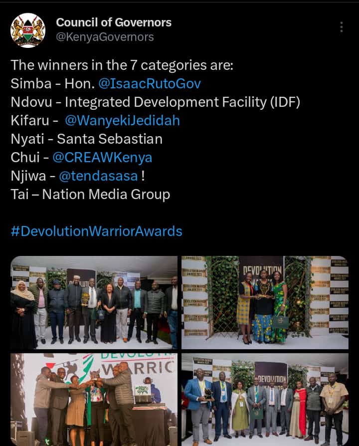 santa_kagendo's tweet photo. Devolution Warrior Award Winner 🏆
I am proud to be part of the 7 warriors recognised by the @KenyaGovernors in  ensuring access to information and knowledge management in a timely and cost effective way.
It's truly an honour.
#devolutionconference2023 
#devolutionwarrior https://t.co/eHcDHJUOcf