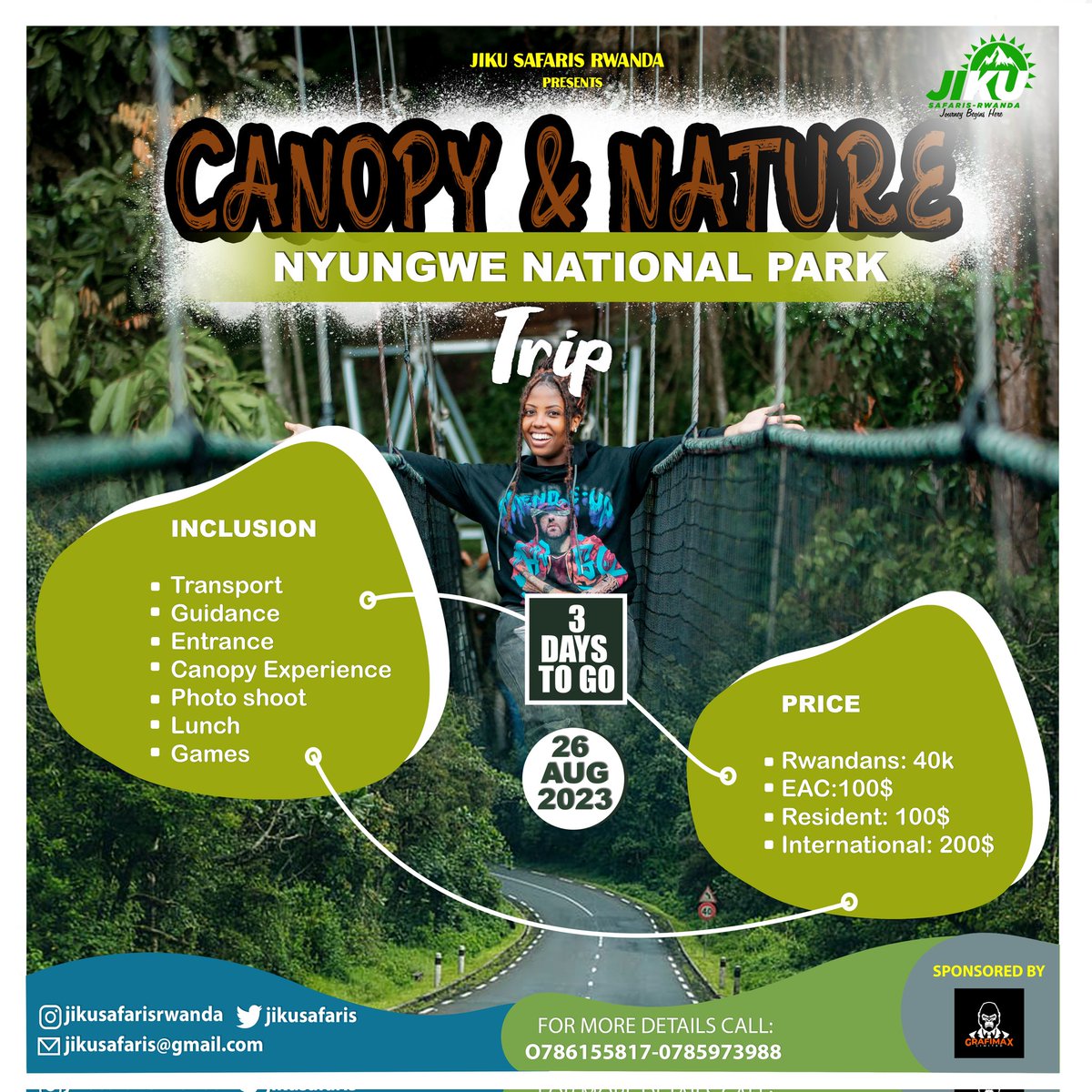 JikuSafaris's tweet photo. 🚨Today is Booking Deadline🚨
Did You Know
Canopy has 160m long and 70m high, suspension bridge is accessible as part of a guided tour along the Igishigishigi trail, or to those Hiking the Imbaraga or Umuyove trails
Don't miss on this Saturday 26th August 2023. #jikusafarisrwanda https://t.co/3KCcYzsWDd