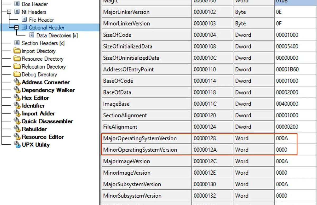 RE tip of the day: If you want to perform dynamic analysis of the sample, make sure that your OS has a version higher or equal to the one found in the PE header, otherwise the debugging may fail due to WinAPI mismatches. #infosec #cybersecurity #malware #reverseengineering