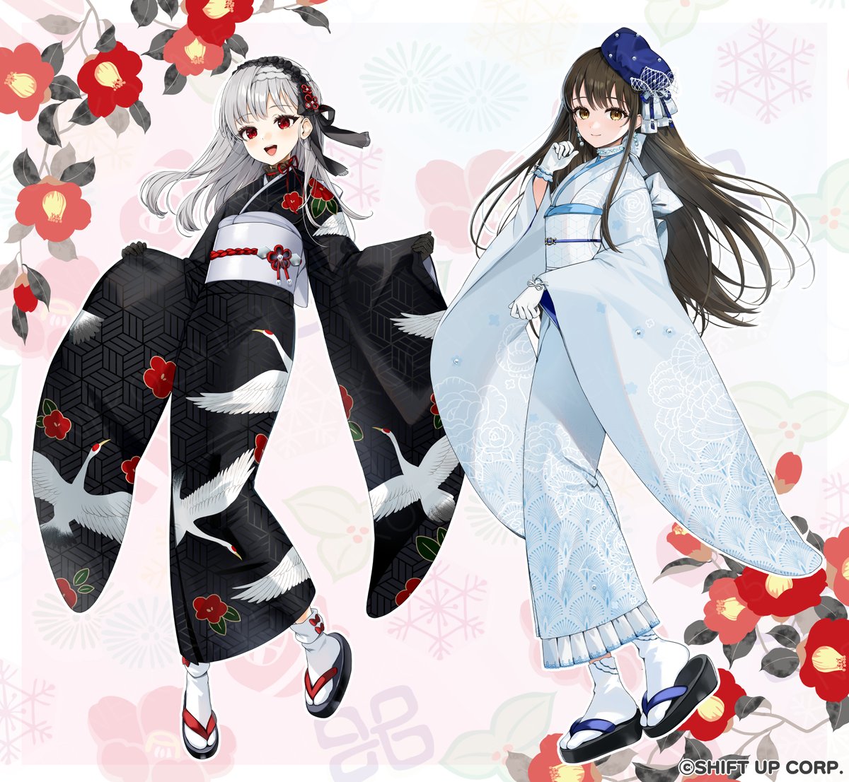 multiple girls 2girls kimono japanese clothes black kimono gloves red eyes  illustration images