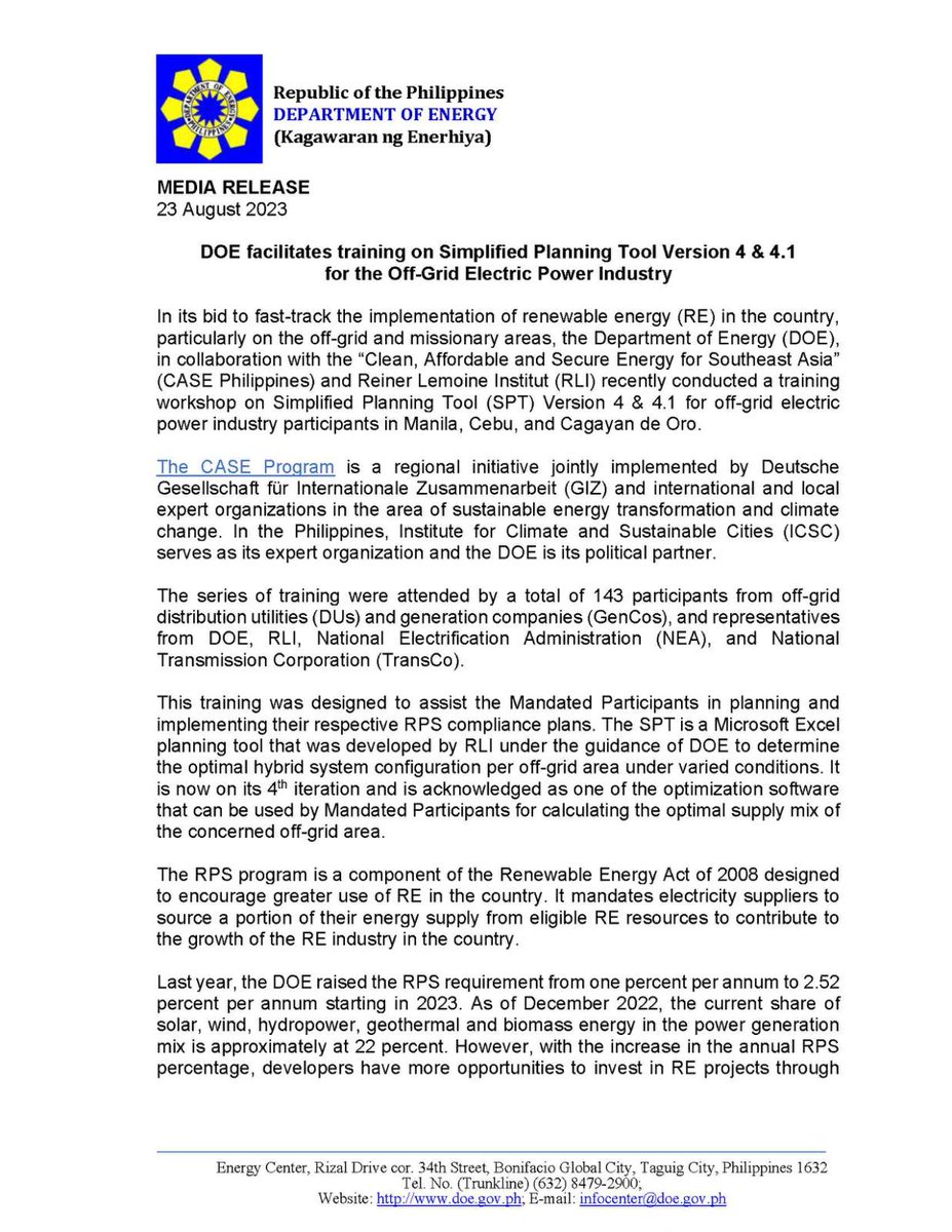DOEgovph's tweet photo. MEDIA RELEASE
23 August 2023
DOE facilitates training on Simplified Planning Tool Version 4 & 4.1
for the Off-Grid Electric Power Industry
Read more: https://t.co/mv9Akvt6cV
#DOEPH๐ต๐ญ https://t.co/5XOpneUNQH