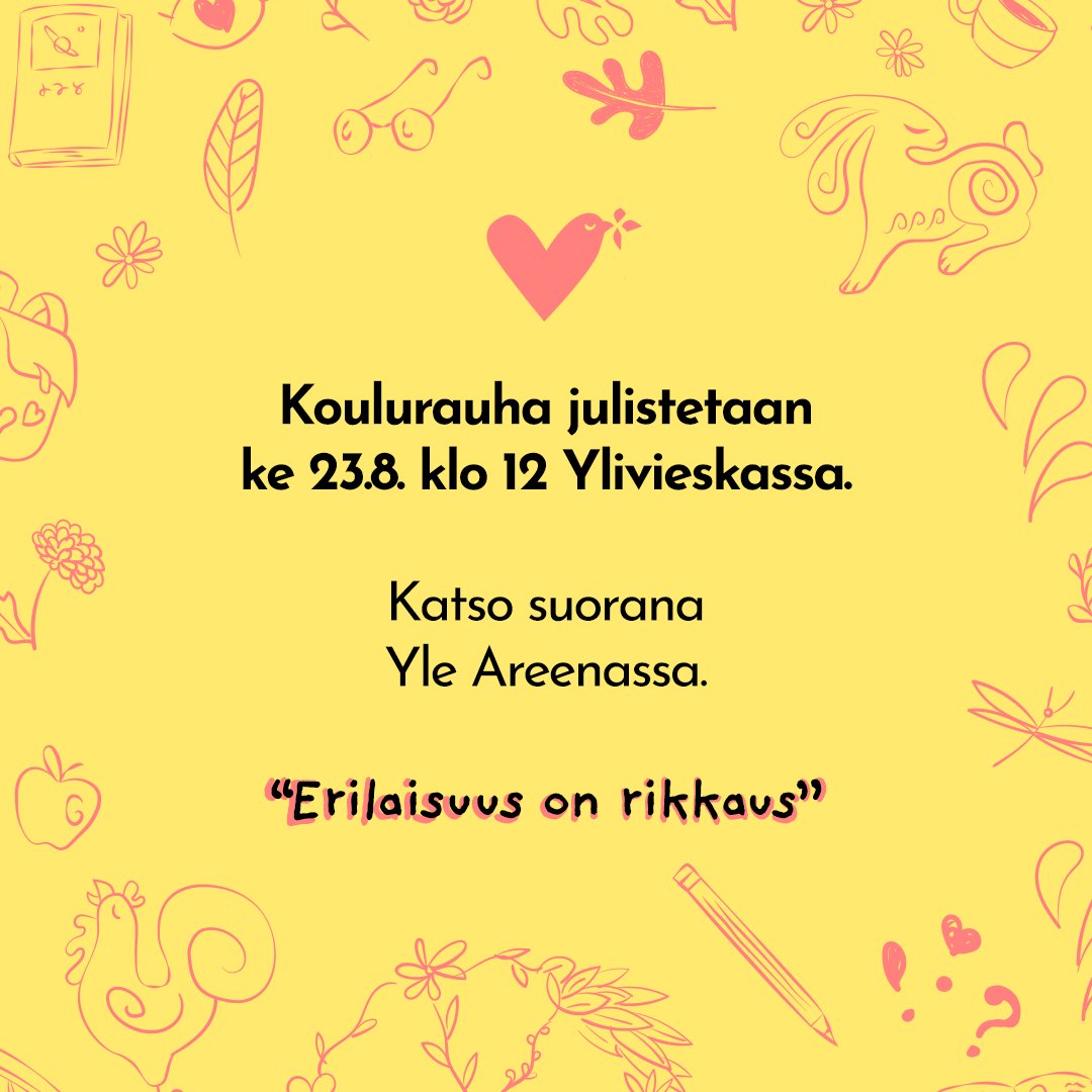 Koulurauha julistetaan tänään! Oppilaat ovat valinneet lukuvuoden koulurauhateemaksi ”erilaisuus on rikkaus”. Teemalla halutaan muistuttaa siitä, että kaikilla on oikeus olla omanlainen ja jokainen on arvokas omana itsenään. Teeman tavoitteena on mm. ehkäistä syrjintää.