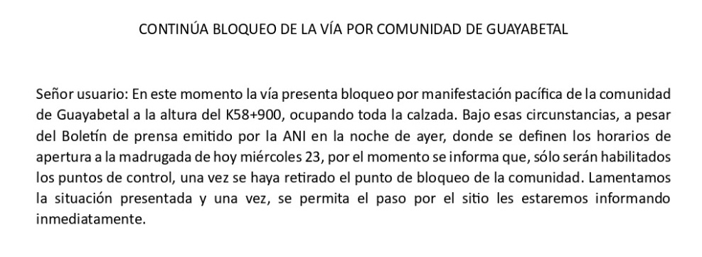CoviandinaSAS's tweet photo. *Atención* Comunidad de Guayabetal continúa bloqueo con manifestacion pacífica a la altura del k58+900. No hubo resultados positivos en la mesa de trabajo, por lo que, no se podrá habilitar el tránsito vehicular para los vehículos de carga según lo establecido en el PMU de ayer. https://t.co/Mbv7agTHzA