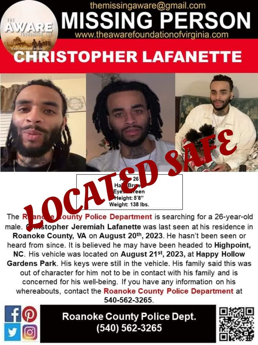 UPDATE: We just received some wonderful news. Christopher Lafanette has been located and is SAFE. Thanks again for your help. 

#ChristopherLafanette #missingperson #roanokecounty #roanokevirginia #TheAWAREFoundation