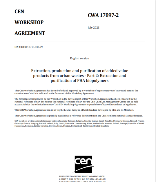 EGM34's tweet photo. Interested in PHA biopolymers?
A CWA on Extraction and purification of PHA biopolymers from urban wastes has just been published. The CWA is a result of the research developed under @DeeppurpleEU   project.
CWA 17897-2 can be downloaded here: https://t.co/CigN8SyanY
#urbanwaste https://t.co/CdmNx35dCE