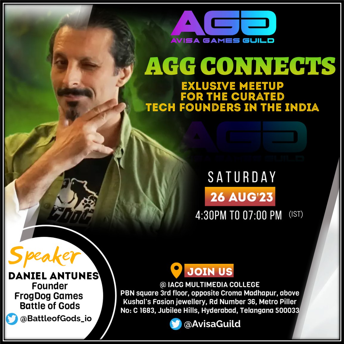 🎙️Meet the catalysts of #AGGConnects – our inspiring speakers! 💻🤝

First up, is the visionary Founder of @BattleofGods_io, Daniel Antunes. 

Daniel's profound insights are poised to catalyze transformative changes in the tech landscape. 

Get ready for a wave of innovation!