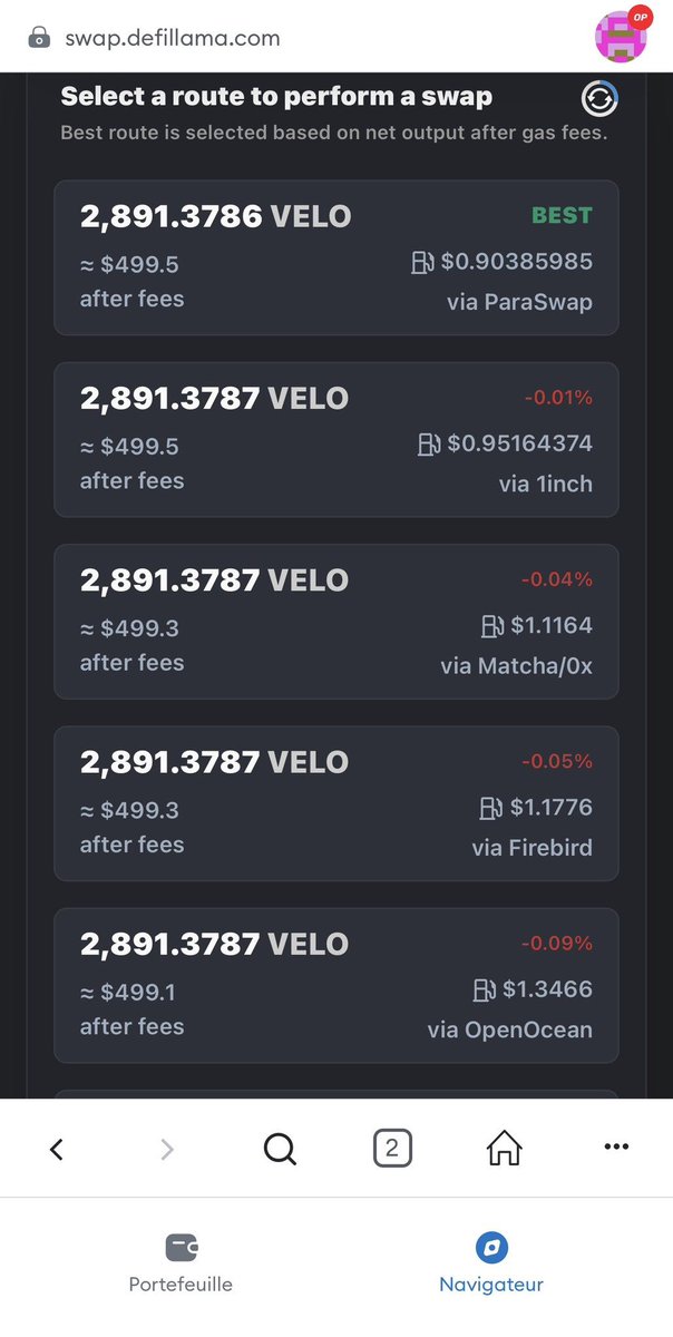 - Pour SWAP tu as defillama.com vas dans dans defillama swap en haut à droite et cet aggregateur te trouve l’exchange le moins cher pour convertir tes cryptos ( l’exemple en dessous j’échange 500 USDC en 2891 VELO et sur la deuxième il me donne les choix). 👇
