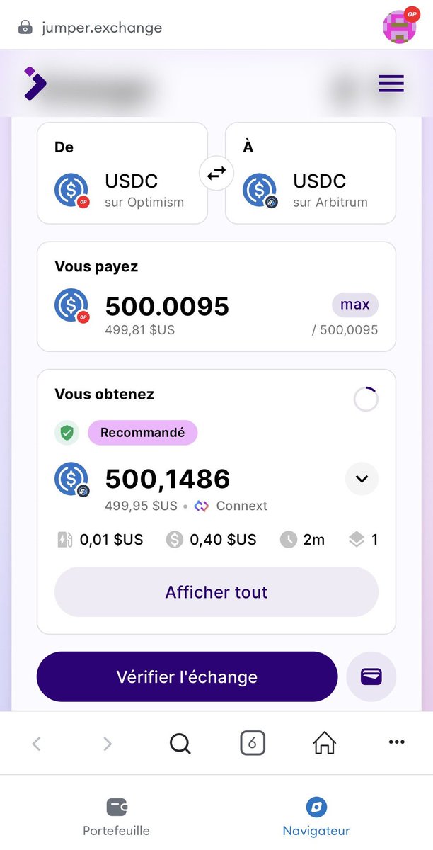 - Pour les BRIDGE tu as jumper.exchange cet aggregateur te trouve l’exchange le moins cher en temps réel pour passer d’une blockchains à une autre ( sur l’exemple je transfère 500 USDC de OPTIMISM à ARBITRUM). Si t’as aimé ce tweet LIKE et RT👇