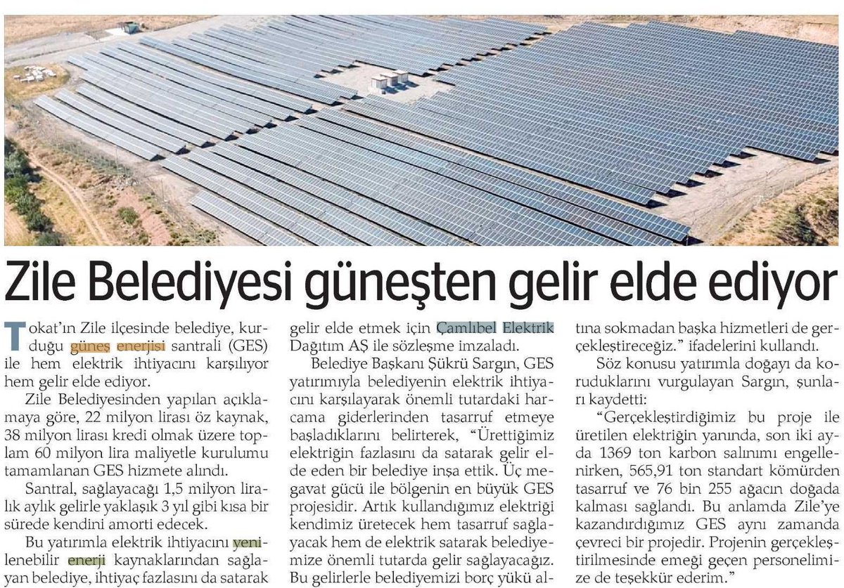 EnerjiCalisani's tweet photo. ZİLE BELEDİYESİ GÜNEŞTEN GELİR ELDE EDİYOR
Analiz Gazetesi https://t.co/xEj26G2KqY