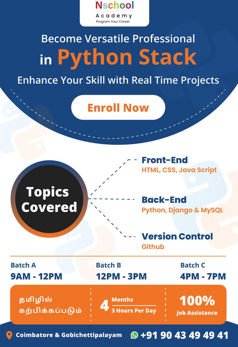 Nschool12's tweet image. Unleash the power of Python stack and become a versatile professional in the tech world!
Contact Now: 090434 94941
For More Details: n-school.com/python-trainin…
#python #programming #pythonstack #javascript #programmer #developer #html #css #frontend #backend #django #MySQL